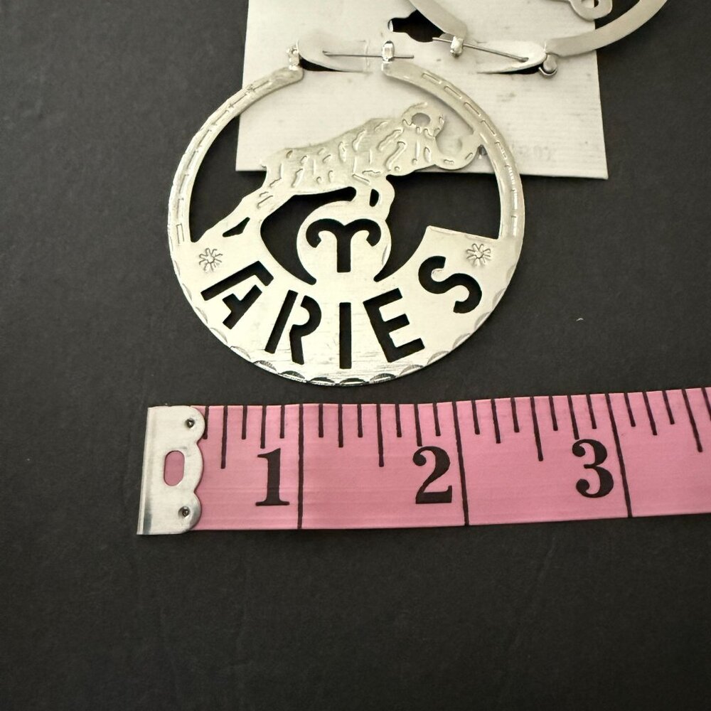 NOC Zodiac Aries Earrings Silver Round Cutout Textured Design Astrology Jewelry - Picture 5 of 6